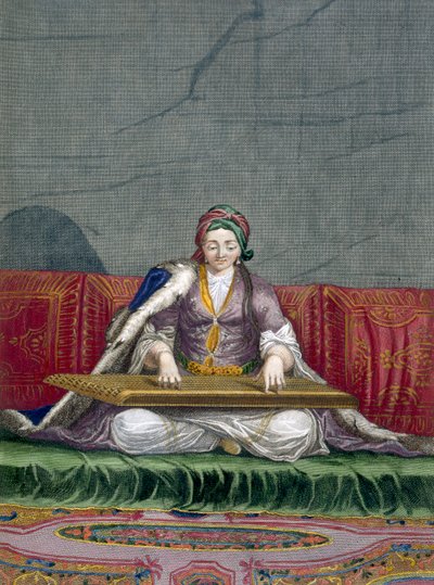 कीबोर्ड प्लकिंग इंस्ट्रूमेंट बजाती तुर्की लड़की, पब। 1707-08। द्वारा चार्ल्स डी फेरियोलो
