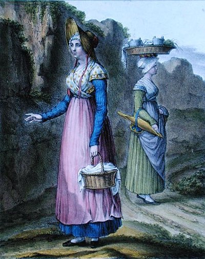 ल्यों क्षेत्र की किसान लड़कियां, 'सुइट डे कॉस्ट्यूम्स' से प्लेट 2, c.1845 (कलर लिथो) द्वारा Charpentier