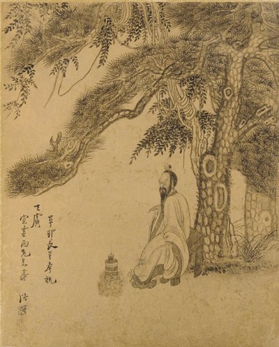 पाइन के नीचे अमृत तैयार करना, किंग डायनासी, 1651 (सोने के कागज पर स्याही) द्वारा चेन होंगशॉ