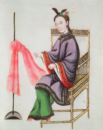 मछली पकड़ने का जाल बनाने वाली एक चीनी महिला, Qianlong अवधि (1736-96) (कागज पर गौचे) द्वारा चीनी स्कूल