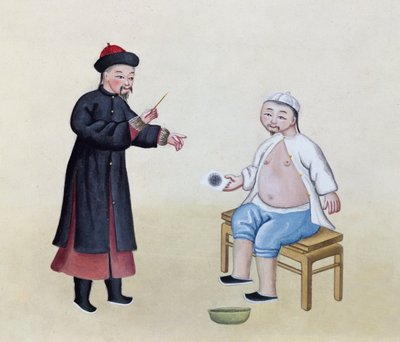 अपने मरीज के साथ एक्यूपंक्चर चिकित्सक, c.1785 (कागज पर wc) द्वारा चीनी स्कूल