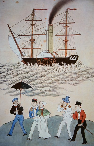 कैंटन c.1840 पर उतरने वाले पहले ब्रिटिश स्टीमर और यात्रियों की चीनी पेंटिंग (268028 भी देखें) द्वारा चीनी स्कूल