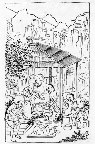 चीन के निर्माण के चित्रों की एक श्रृंखला से भट्टी में रहते हुए मोटे मिट्टी के मामले बनाना, (पूरी श्रृंखला के लिए 384116 और 384117 देखें) द्वारा चीनी स्कूल