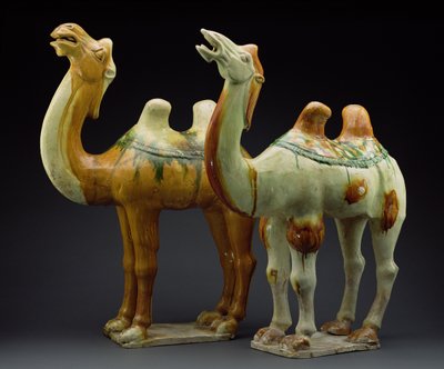 दो ऊंट, तांग राजवंश (618-907) (चमकता हुआ मिट्टी के बरतन) द्वारा चीनी स्कूल