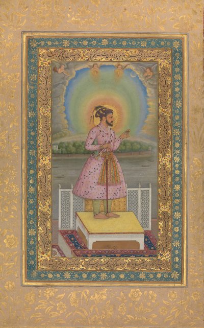 शाहजहाँ एक छत पर, अपने चित्र के साथ एक लटकन सेट पकड़े हुए, फोलियो..., 1627-28। द्वारा Chitarman