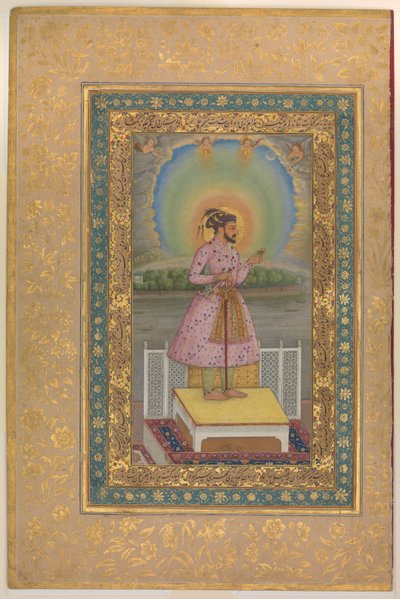 टेरस पर शाहजहाँ, अपने पोर्ट्रेट के साथ एक लटकन सेट पकड़े हुए, शाहजहाँ एल्बम से फोलियो, रेक्टो: 1627-1928 द्वारा Chitarman