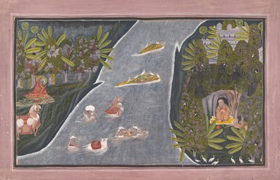 राधा ने एक हिंदू साधु का साक्षात्कार करने के लिए एक नदी को पार किया। 1820। द्वारा Chokha