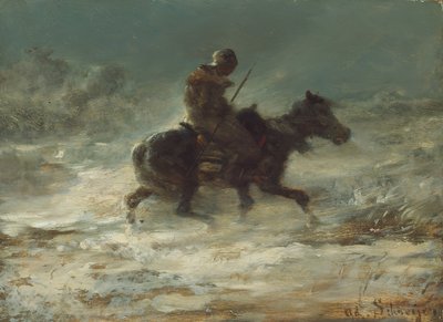 मैन विथ लांस राइडिंग इन द स्नो, सी। 1880. द्वारा क्रिश्चियन एडॉल्फ श्रेयर