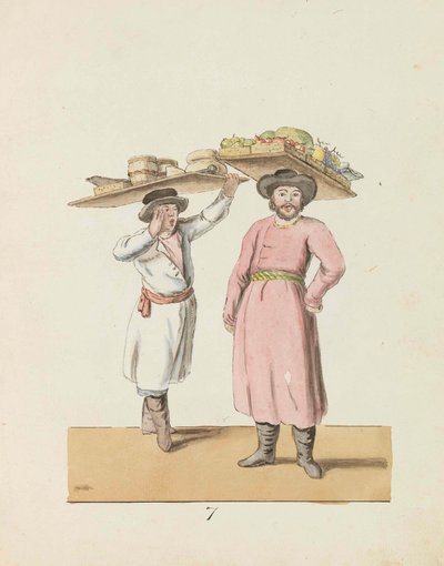 पनीर और हेरिंग बेचने वाला फल विक्रेता और किसान द सेंट पीटर्सबर्ग..., 1799 की श्रृंखला से। द्वारा क्रिश्चियन गॉटफ्रीड हेनरिक गिसलर