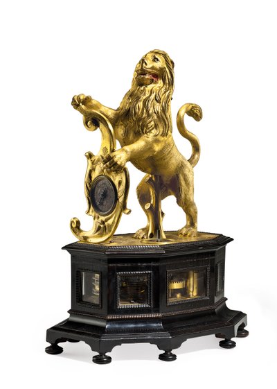 स्ट्राइकिंग और ऑटोमेटन लायन क्लॉक, c.1640 (गिल्ट-पीतल और आबनूस) द्वारा क्रिस्टोफ मिलर