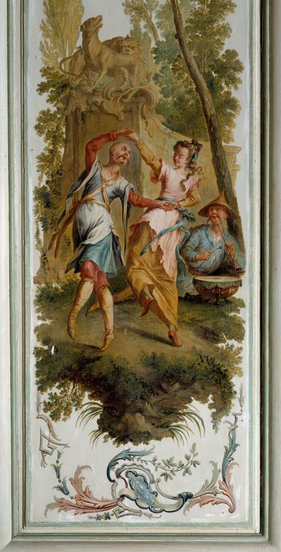 Chinoiserie: नृत्य दृश्य, शैटॉ डे चैंप्स सुर मार्ने के भव्य सैलून का पैनल क्रिस्टोफ़ ह्यूएट द्वारा महसूस किया गया (१७००-१७५९) द्वारा क्रिस्टोफ़ ह्यूट