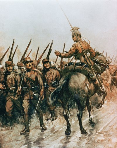 1914 में सामने की ओर मार्च करते हुए फ्रांसीसी पैदल सेना को पार करते हुए बेल्जियम गाइड्स कॉर्प्स का लांसर (कलर लिथो) द्वारा क्रिस्टोफर (बाद में) क्लार्क
