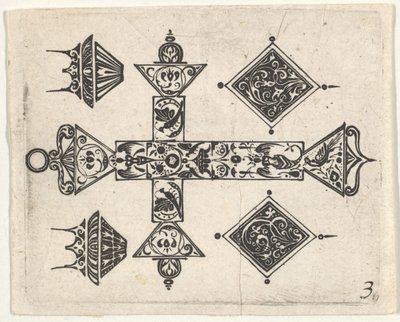 एक लैटिन क्रॉस और चार मोटिफ्स के साथ ब्लैकवर्क प्रिंट, सीए। 1620। द्वारा जाँज विसेर का दावा