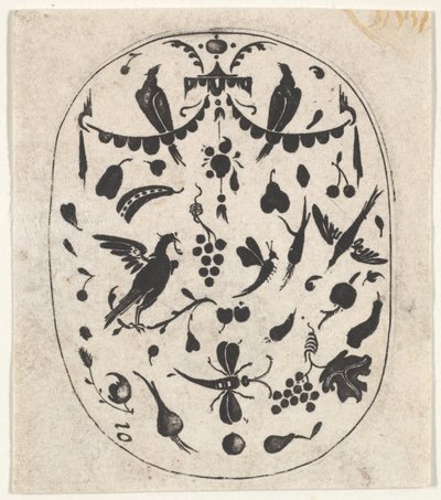 पक्षी, कीड़े और फल के साथ ओवल ब्लैकवर्क प्रिंट, सीए। 1620। द्वारा जाँज विसेर का दावा