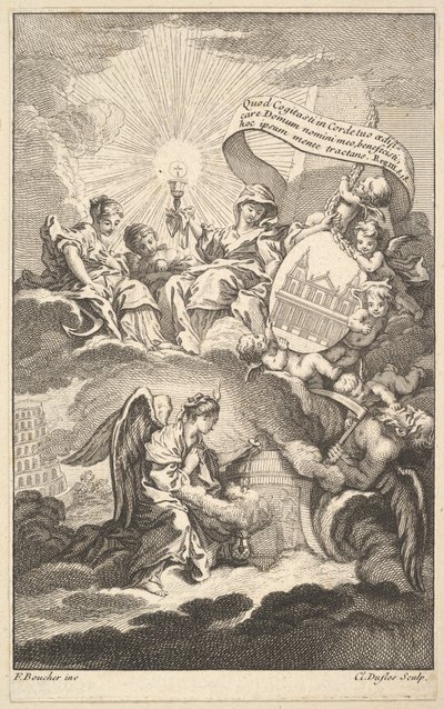 फ्रंटिसपीस, एलेक्सिस पिरोन द्वारा द बिल्डिंग ऑफ सेंट सल्पिस से, सीए। 1744. द्वारा क्लाउड ऑगस्टिन डफ्लोस