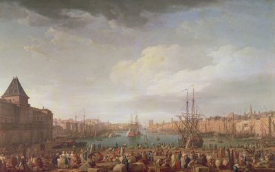 मार्सिले के इनर पोर्ट का सुबह का नज़ारा और 1754 का हॉर्ल डू पार का मंडप द्वारा Claude Joseph Vernet