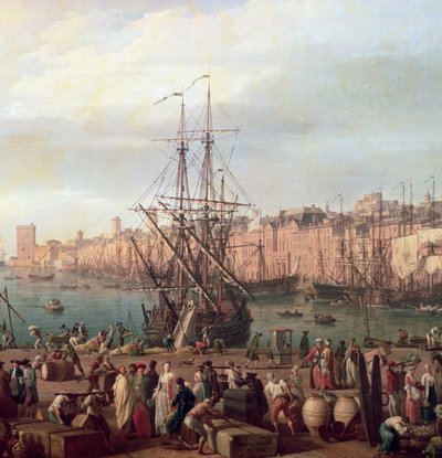 मार्सिले के इनर पोर्ट का सुबह का नजारा और हॉर्ल डू पार का मंडप, 1754 (156103 का विस्तार) द्वारा क्लाउड जोसेफ वर्नेट