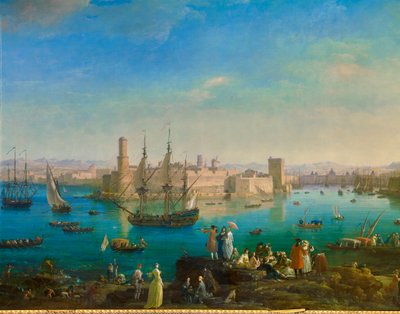 1754 में मार्सिले के बंदरगाह का प्रवेश। जोसेफ वर्नेट द्वारा पेंटिंग (1714-1789) विवरण द्वारा क्लाउड जोसेफ वर्नेट