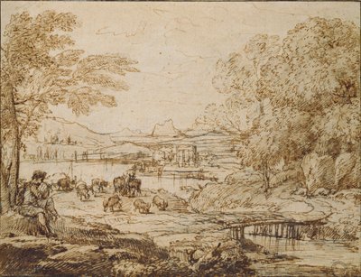 देहाती लैंडस्केप में पाइप बजाते युवा, c1640s द्वारा क्लाउड लोरेन
