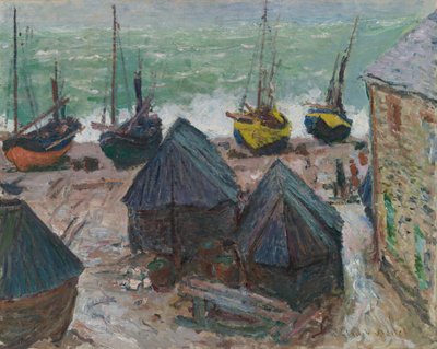 Étretat, 1885 में समुद्र तट पर नावें। द्वारा क्लाउड मोनेट
