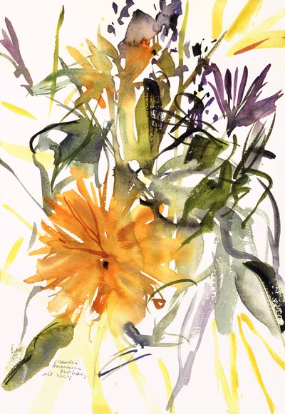 मैरीगोल्ड एंड अदर फ्लावर्स, 2004 (वाटर कलर) द्वारा Claudia Hutchins Puechavy