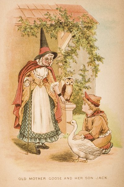 फ्रेडरिक वार्न und कंपनी, c.1890s (क्रोमोलिथो) द्वारा प्रकाशित &39;ओल्ड मदर गूज राइम एंड टेल्स&39; के फ्रंट कवर में ओल्ड मदर गूज और उनका बेटा द्वारा कॉन्स्टेंस हसलवुड