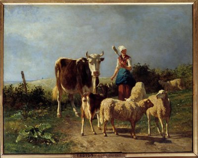गाय और भेड़ के साथ एक चरवाहा। कॉन्स्टेंट ट्रॉयन (1810-1865) द्वारा 19वीं सदी के सूर्य की पेंटिंग। 0,73x0,92 वर्ग मीटर द्वारा लगातार एमिल ट्रॉयन