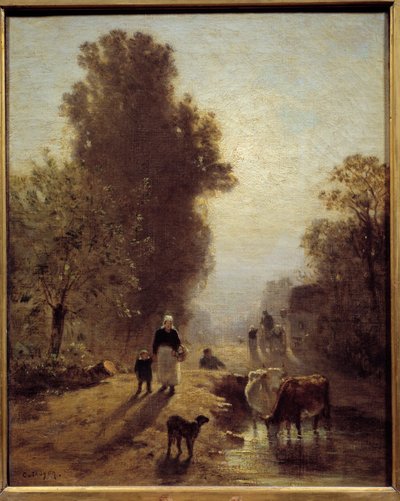 सुबह किसान परिवारों और भोर की धुंध में बेताल। कॉन्स्टेंट ट्रॉयन (1810-1865) द्वारा 19वीं सदी के सूर्य की पेंटिंग। 0,41x0,32 वर्ग मीटर द्वारा लगातार एमिल ट्रॉयन
