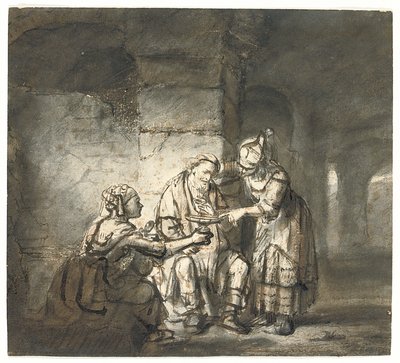 लूत और उसकी बेटियाँ (उत्पत्ति 19:33) (काली और लाल चाक, कलम और भूरी स्याही) द्वारा कॉन्स्टेंटिन डैनियल वैन रेनसे