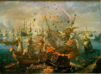 स्पेनिश एडमिरल जहाज का विस्फोट (...) द्वारा Cornelis Claesz  van Wieringen