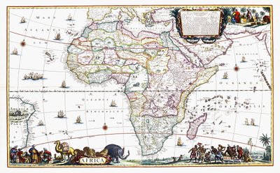 अफ़्रीका का मानचित्र, लगभग 1696 (हाथ से रंगी गई नक्काशी) द्वारा कॉर्नेलिस III डैंकर्ट्स