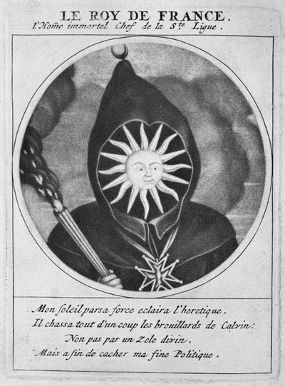 राजा लुई XIV (1638-1715) के प्रोटेस्टेंट कैरिकेचर, अपने राज्य, पेरिस के प्रोटेस्टेंट के रूपांतरण के लिए, लुई XIV के नेतृत्व में लीग के नायकों या भिक्षु जुलूस से चित्रण द्वारा कॉर्नेलिस और गोले, जैकब डसर्ट