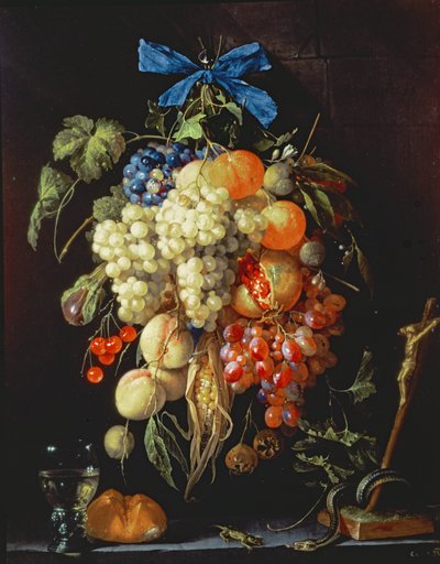 फलों का गुलदस्ता नीचे दिए गए लेड पर यूचरिस्टिक सिंबल के साथ द्वारा Cornelis de Heem