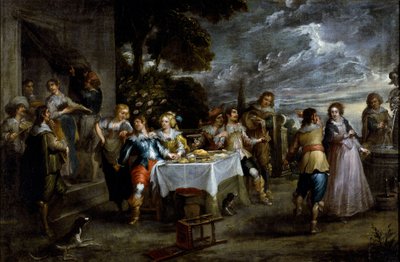 उड़ाऊ पुत्र का इतिहास: अपव्यय। कॉर्नेलिस डी वेल (1592-1667) द्वारा पेंटिंग, लगभग 1630-1639। फ्लेमिश कला। तेल के रंगों से केन्वस पर बना चित्र। मंद: 57x86 सेमी। जीन, प्रिवी संग्रह। द्वारा कॉर्नेलिस डी वेले