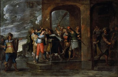 उड़ाऊ पुत्र का इतिहास: निष्कासन। कॉर्नेलिस डी वेल (1592-1667) द्वारा पेंटिंग, लगभग 1630-1639। फ्लेमिश कला। तेल के रंगों से केन्वस पर बना चित्र। मंद: 57x86 सेमी। जीन, प्रिवी संग्रह। द्वारा कॉर्नेलिस डी वेले