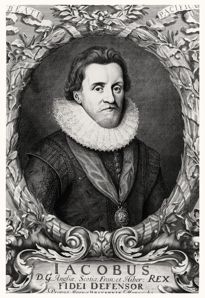 जेम्स I का चित्रण, ग्रेट ब्रिटेन के राजा, R.White, 1669 द्वारा उकेरा गया द्वारा जॉनसन के बाद कॉर्नेलियस I