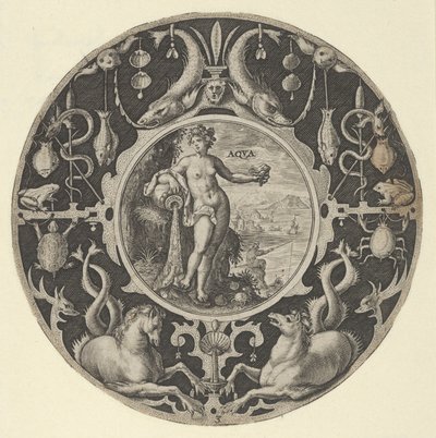 समुद्री जीवों के साथ एक सजावटी सीमा में 'एक्वा', 1590-1612 में परिपत्र डिजाइनों की एक श्रृंखला से। द्वारा क्रिस्पिजन डी पाससे आई।