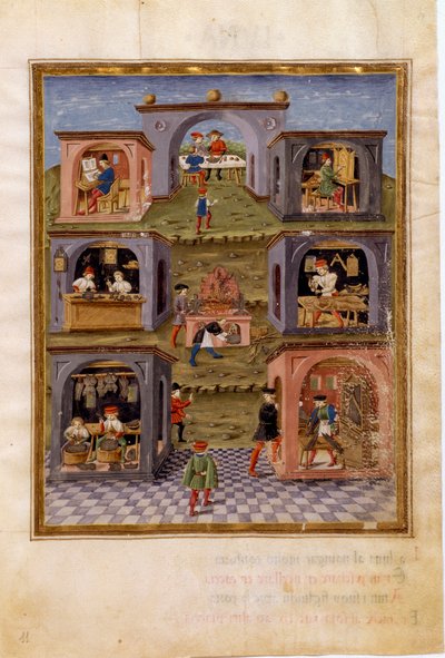 बुध का प्रभाव: शिल्पकार। भोजन के दृश्य से घिरा खाना पकाने का दृश्य, एक नकल करने वाला, एक घड़ीसाज़, एक बंदूक बनाने वाला, एक अंग बनाने वाला, एक मूर्तिकार और एक पवित्र कला चित्रकार (लघु, c.1470) द्वारा क्रिस्टोफोरो डी प्रेडिस