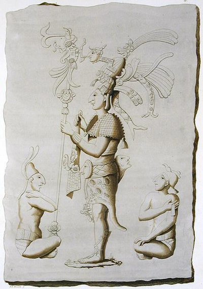 एक राजा, पैलेस, पैलेनक, चियापास, मैक्सिको से मूर्तिकला (रंग उत्कीर्णन) द्वारा डीके (बाद में) बोनाटि