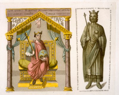 HRE Charles II (बाल्ड) सिंहासन पर, Colberg लाइब्रेरी में पांडुलिपि के बाद, जूल्स फेरारियो, पब द्वारा &39;ले कॉस्टयूम Ancien et Moderne&39; से प्लेट 6। 1820-30s द्वारा डीके बोनट्टी
