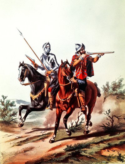 व्हील-लॉक पिस्तौल (कलर लिथो) से लैस फ्रांसीसी घुड़सवार सेना द्वारा डी. डी (बाद में) नोइरमोर्ट
