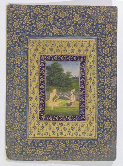 लैला रीडिंग टू मजनून, जो एक पेड़ के नीचे एक कमल कुंड, दिल्ली, c.1720-40 द्वारा बैठता है द्वारा दाल चंद