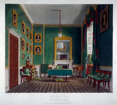बकिंघम हाउस, वेस्टमिंस्टर, लंदन, 1819 में हरे रंग की कोठरी का आंतरिक दृश्य द्वारा डैनियल हैवेल