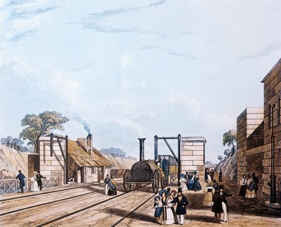 लिवरपूल और मैनचेस्टर रेलवे: पार्कसाइड में पानी लेना, 1831 (एक्वाटिंट) द्वारा डैनियल हैवेल