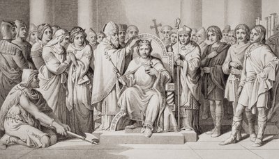 हेरोल्ड II का राज्याभिषेक (c.1022-66) 1066 ई। में एंग्लो-सैक्सन का राजा, &39;अंग्रेजी और स्कॉटिश इतिहास का चित्रण&39; खंड I द्वारा डेनियल मैक्लिज़