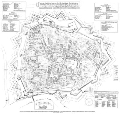 1683 के रूप में वियना शहर की मंजिल योजना, दक्षिण-पश्चिम का सामना करते हुए, 11 दिसंबर, 1684 को हुई द्वारा डैनियल Suttinger