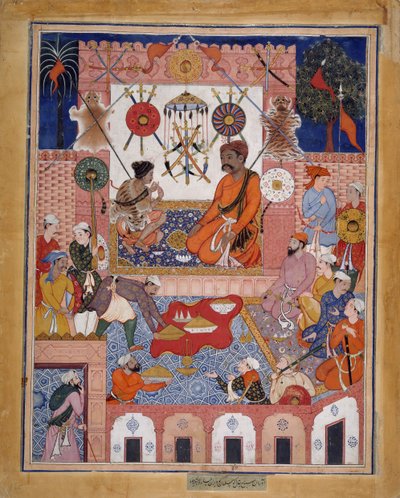 मिस्बाह द ग्रॉसर स्पाई पारान को अपने घर लाता है, एक हमज़ानामा से फोलियो..., ca. 1570. द्वारा दशावंत।