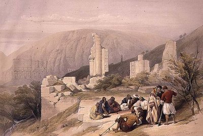 पेट्रा में एक विजयी आर्क के अवशेष, 8 मार्च 1839, 'द होली लैंड' के खंड III से प्लेट 100, लुई हाघे (1806-85) पब द्वारा उकेरा गया। 1849 (लिथो) द्वारा डेविड (बाद में) रॉबर्ट्स