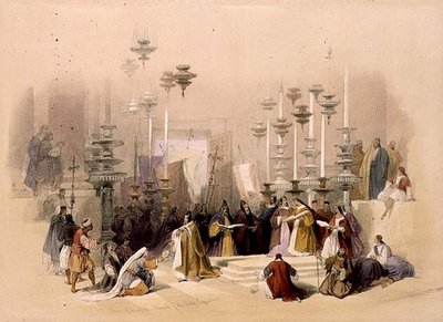 द स्टोन ऑफ यूनक्शन, चर्च ऑफ द होली सेपुलचर, 30 मार्च 1839, 'द होली लैंड' के खंड I से प्लेट 19, लुई हाघे (1806-85) पब द्वारा उकेरा गया। 1842 (लिथो) द्वारा डेविड (बाद में) रॉबर्ट्स