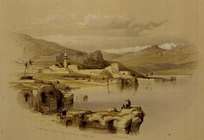 तिबरियास फ्रॉम द वॉल्स, सैफेट इन द डिस्टेंस, 22 अप्रैल 1839, प्लेट 37 'द होली लैंड' के खंड I से, लुई हाघे (1806-85) पब द्वारा उकेरा गया। 1842 (लिथो) द्वारा डेविड (बाद में) रॉबर्ट्स